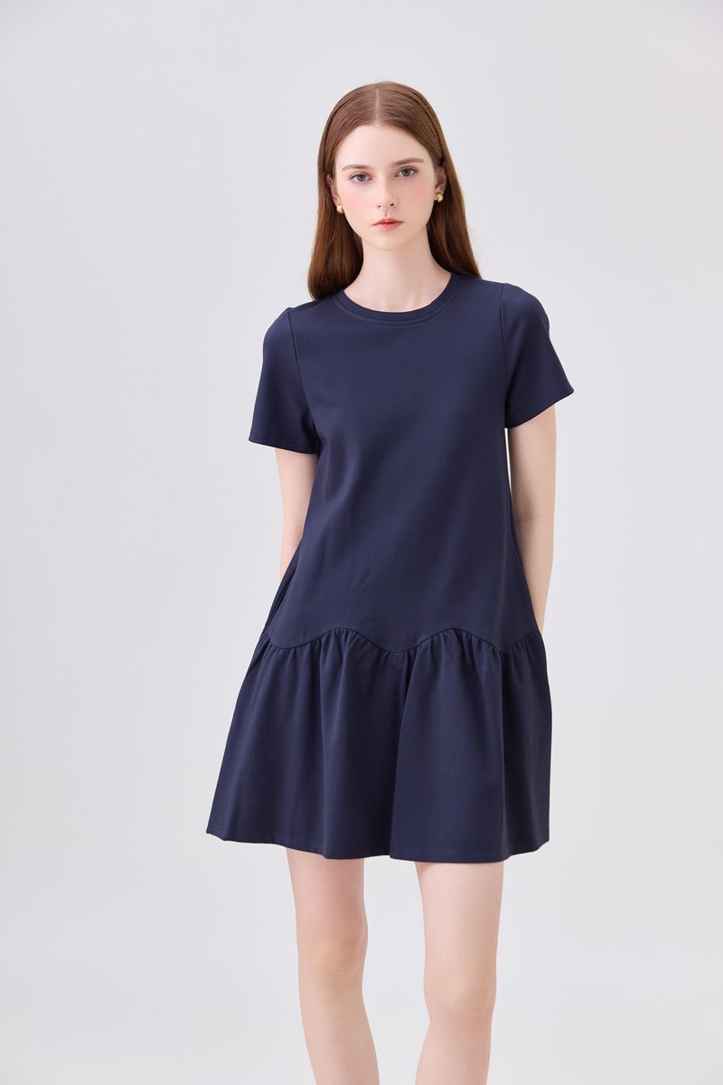 Tulia Cotton Scallop Dropwaist Dress In Navy