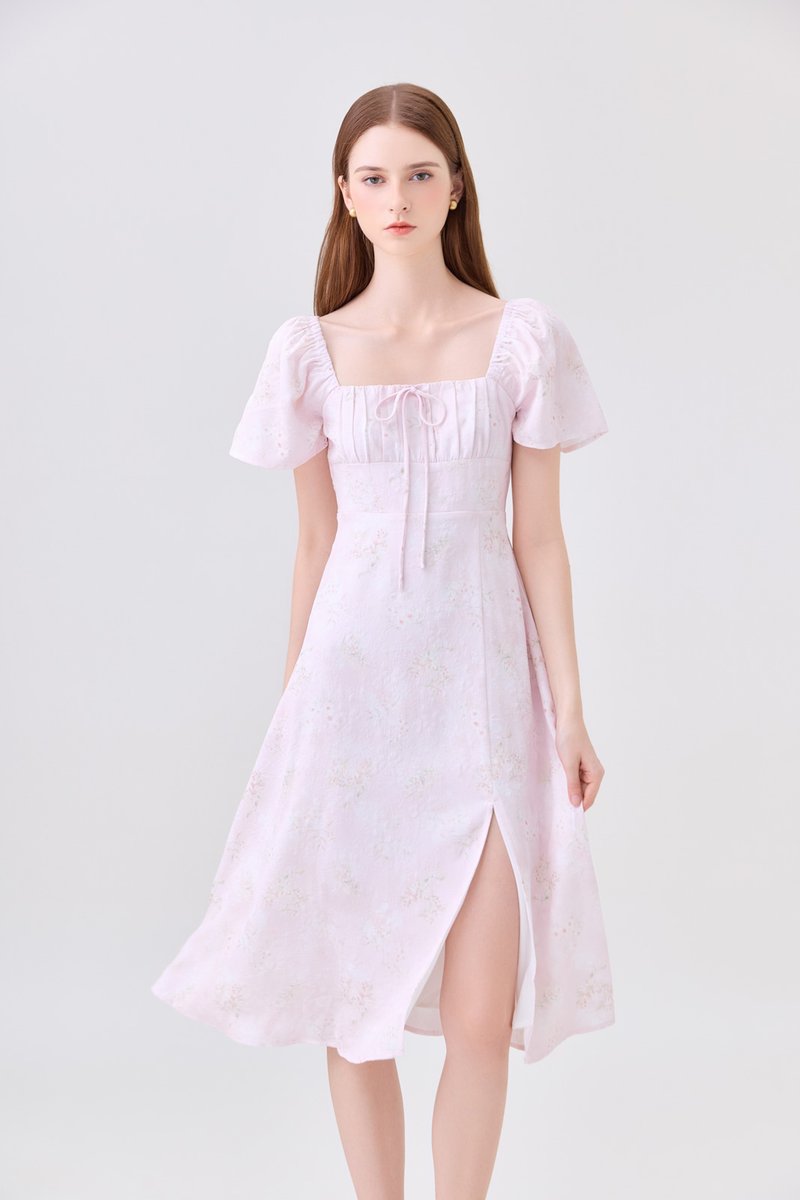 Soraya Ruched Floral Midi Dress In Pink