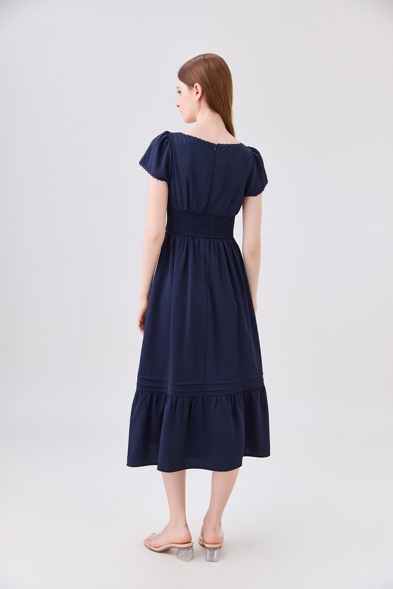 Florentine Empire Waist Pintuck Midi Dress In Navy