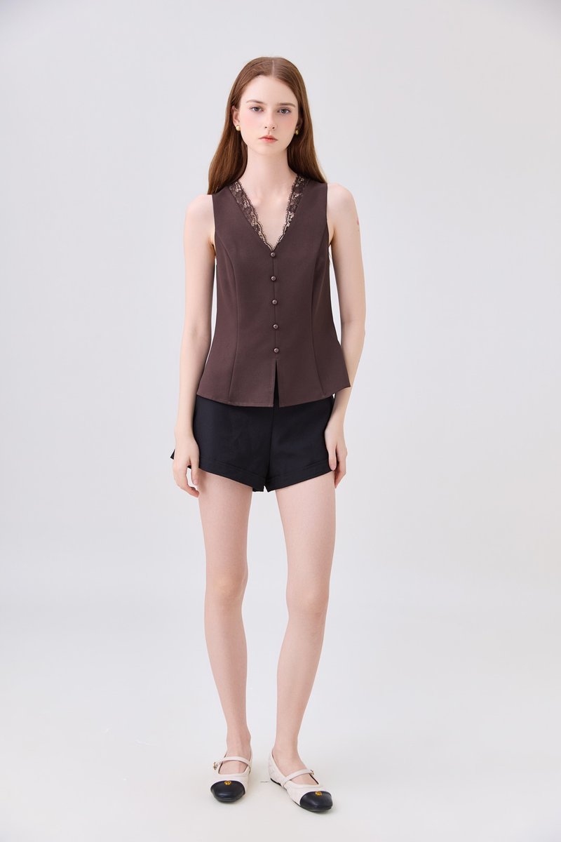 Lydia Lace Button Top In Espresso