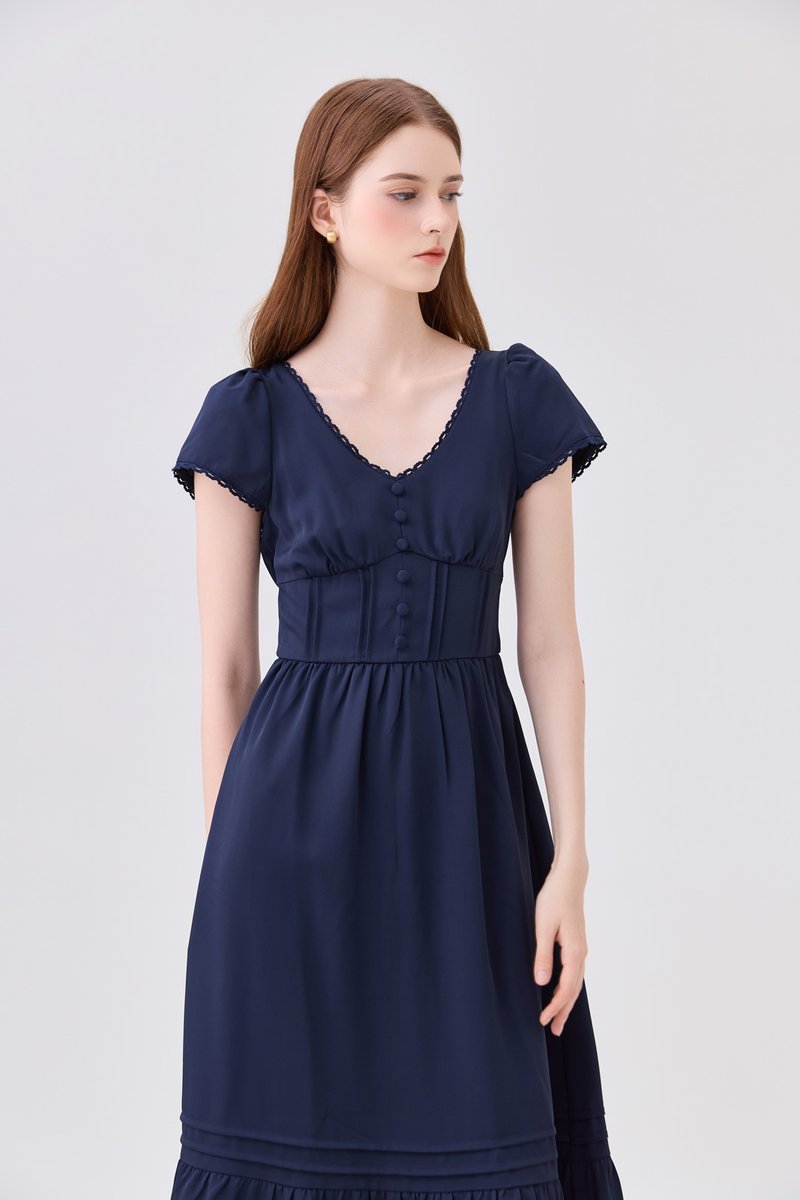 Florentine Empire Waist Pintuck Midi Dress In Navy