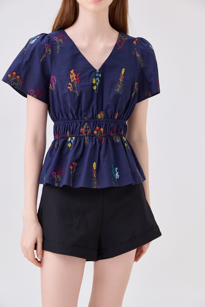 Aven Embroidered Floral Top In Navy