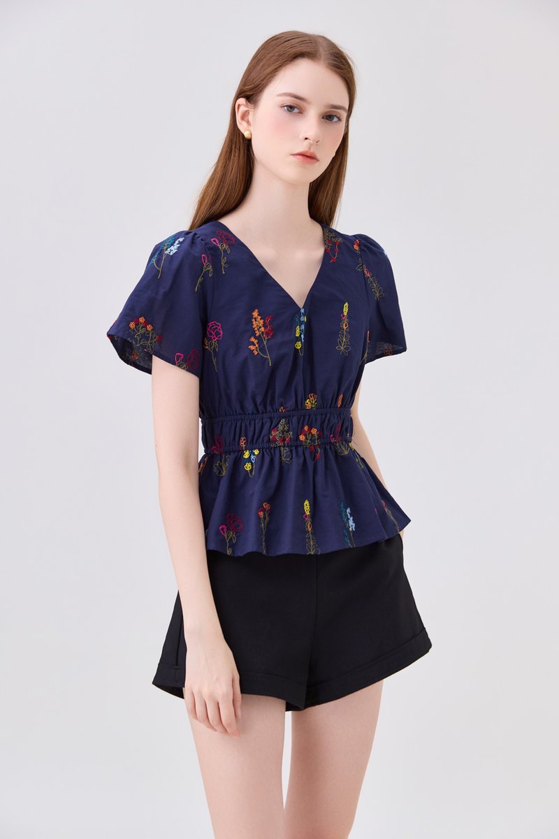 Aven Embroidered Floral Top In Navy