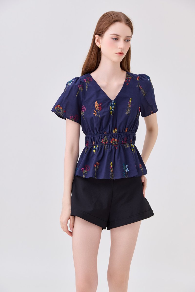 Aven Embroidered Floral Top In Navy