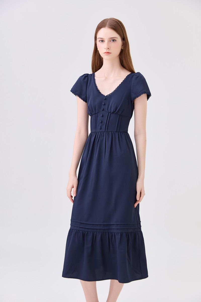 Florentine Empire Waist Pintuck Midi Dress In Navy