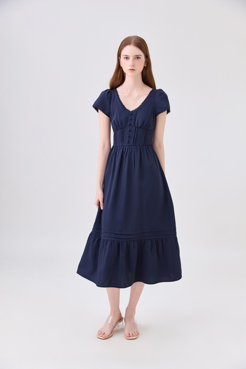 Florentine Empire Waist Pintuck Midi Dress In Navy