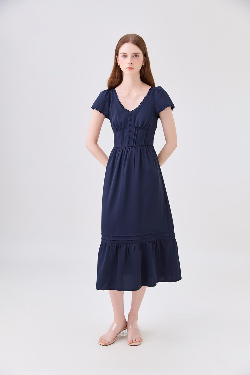 Florentine Empire Waist Pintuck Midi Dress In Navy