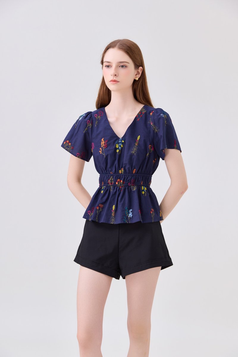 Aven Embroidered Floral Top In Navy