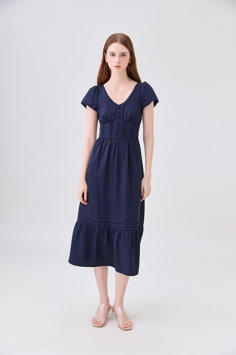 Florentine Empire Waist Pintuck Midi Dress In Navy