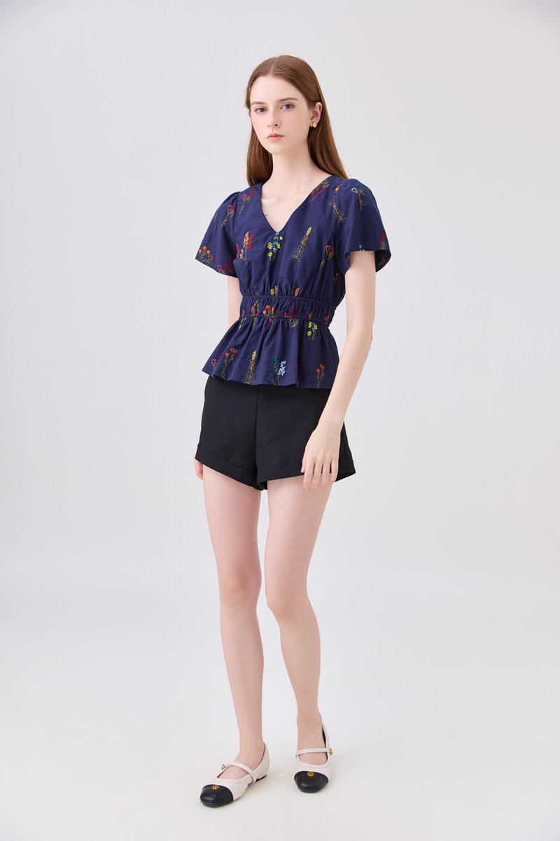 Aven Embroidered Floral Top In Navy