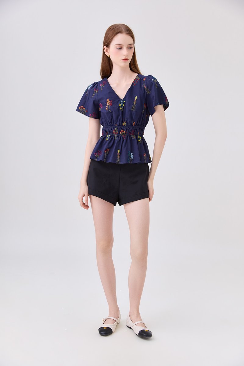 Aven Embroidered Floral Top In Navy