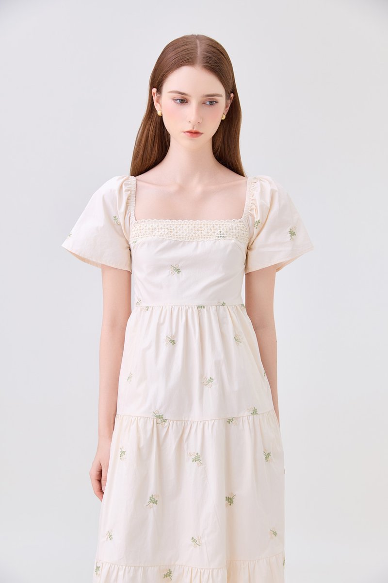 *ONLINE EXCLUSIVE* Elaina Embroidery Floral Crochet Midi Dress In Cream