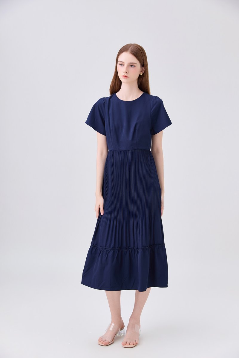 Teresa Pressed Pleat Midi Dress In Navy