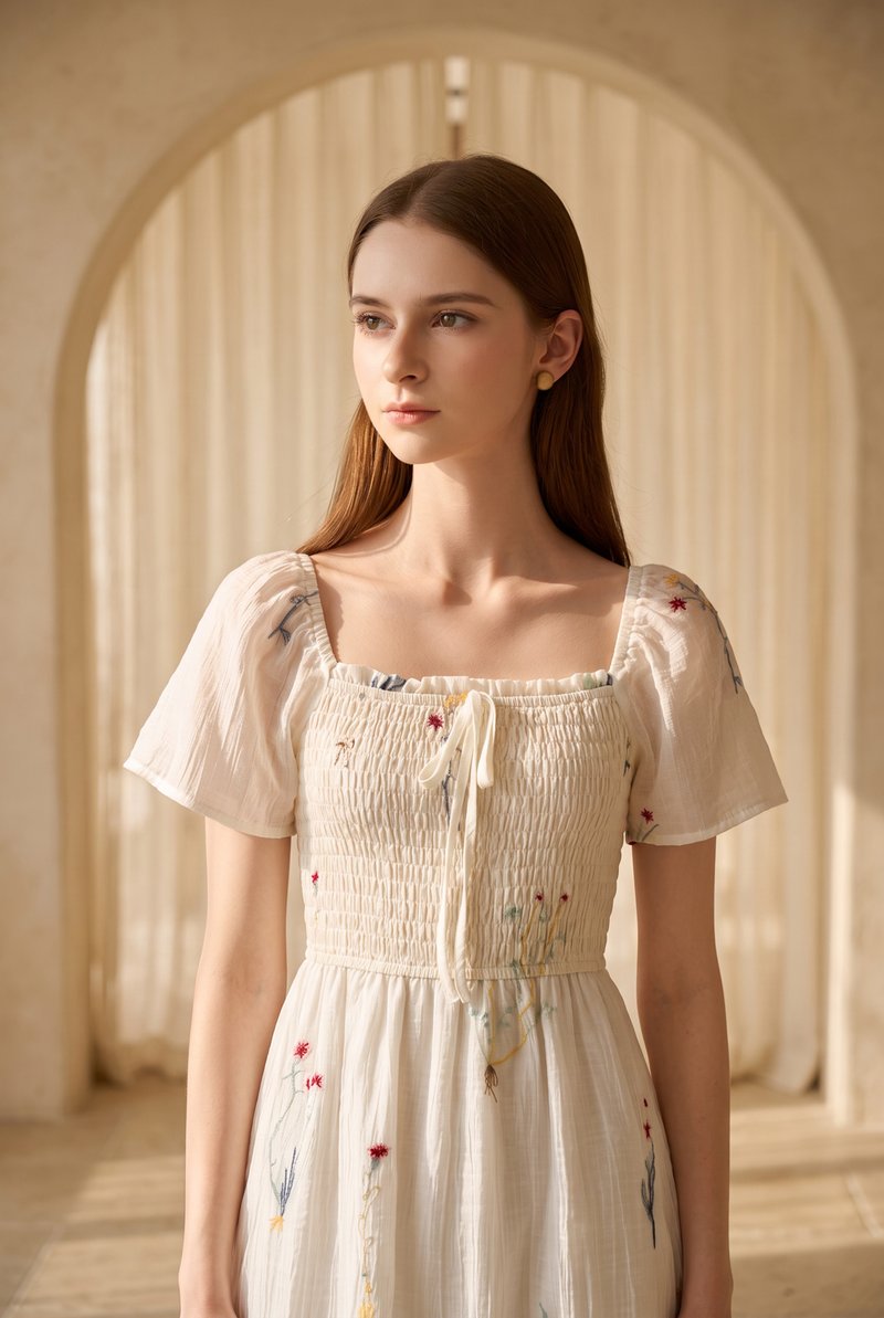 Fiora Embroidered Smocked Dress In Cream