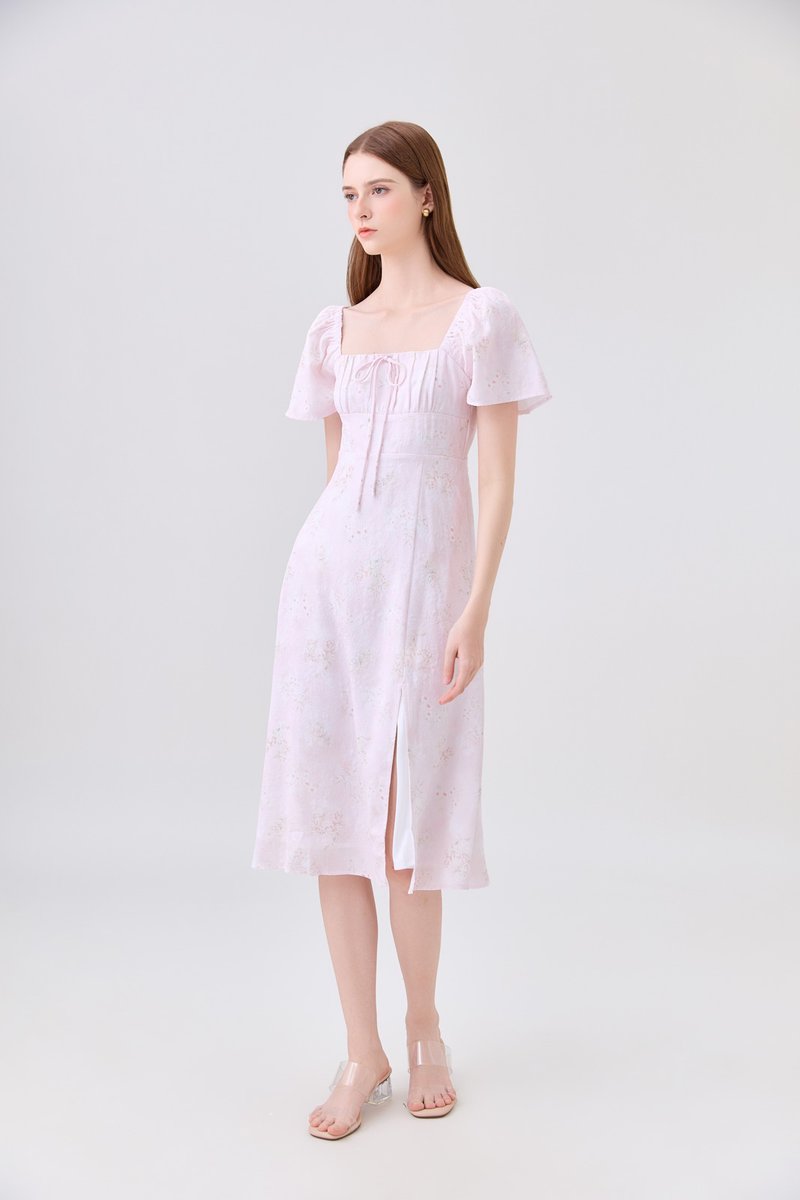 Soraya Ruched Floral Midi Dress In Pink