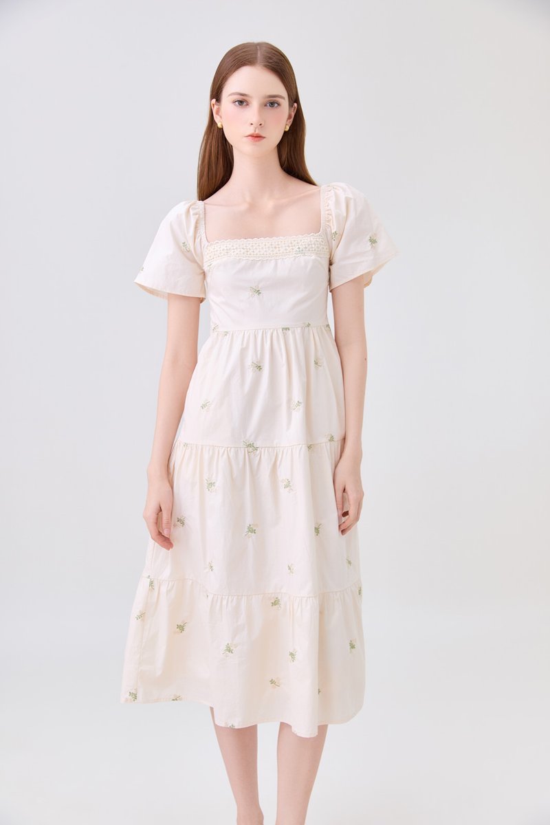 *ONLINE EXCLUSIVE* Elaina Embroidery Floral Crochet Midi Dress In Cream