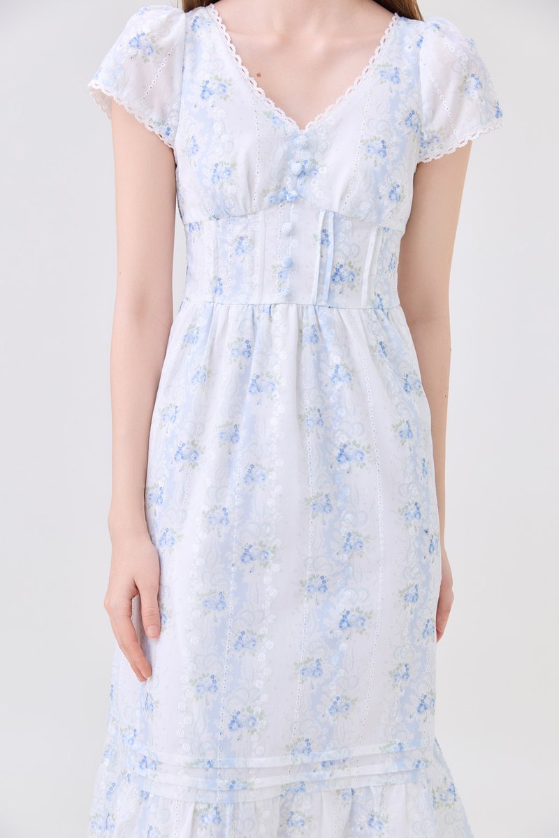 Florentine Floral Empire Waist Pintuck Midi Dress