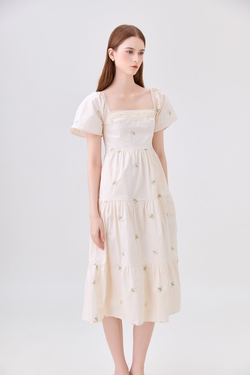 *ONLINE EXCLUSIVE* Elaina Embroidery Floral Crochet Midi Dress In Cream
