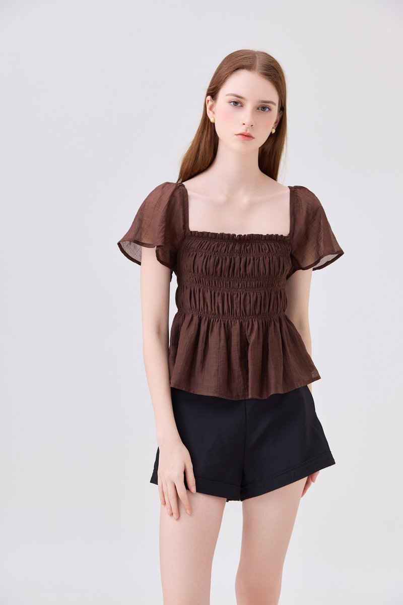 Calista Textured Smocked Top In Brown