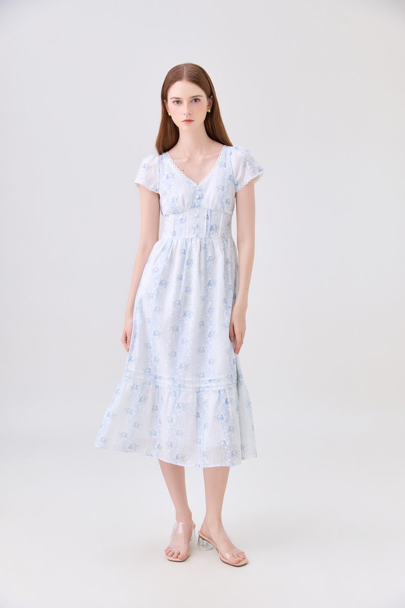 Florentine Floral Empire Waist Pintuck Midi Dress