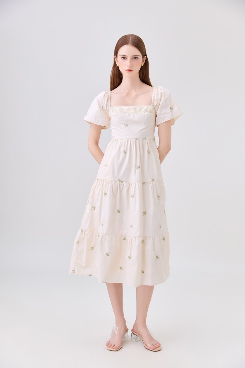 *ONLINE EXCLUSIVE* Elaina Embroidery Floral Crochet Midi Dress In Cream