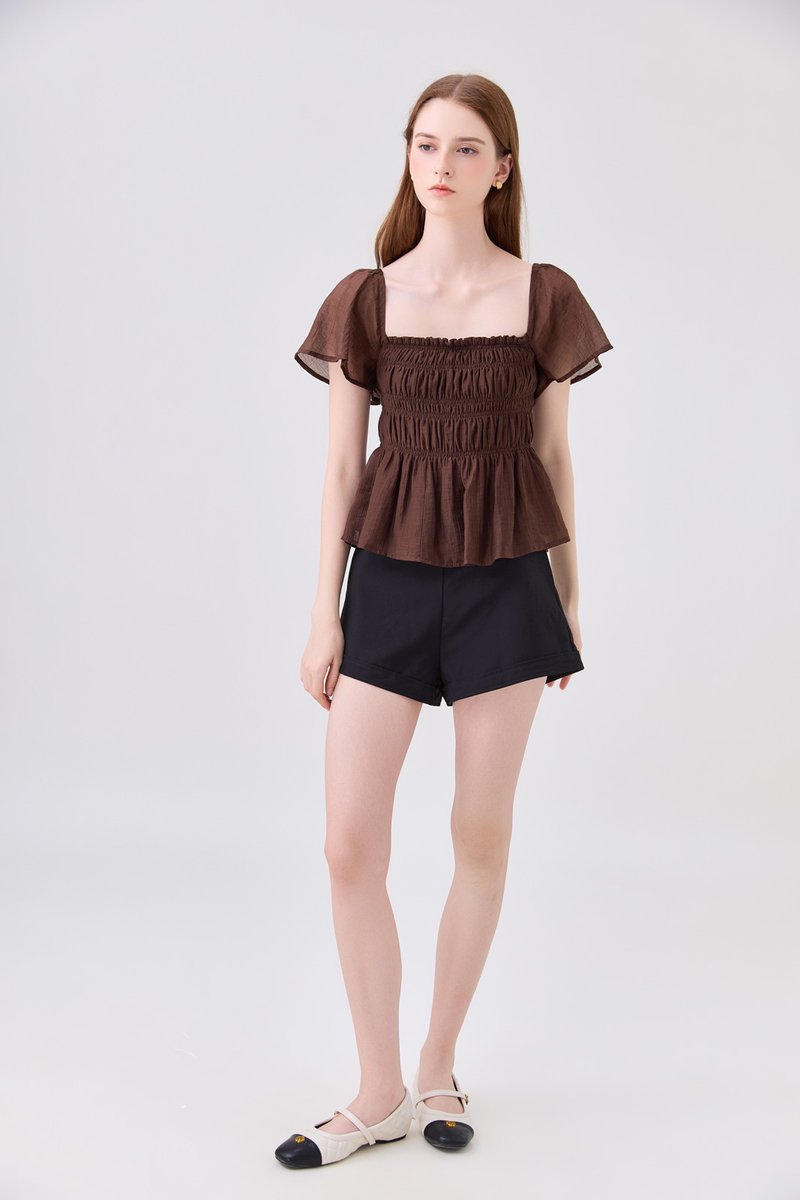 Calista Textured Smocked Top In Brown