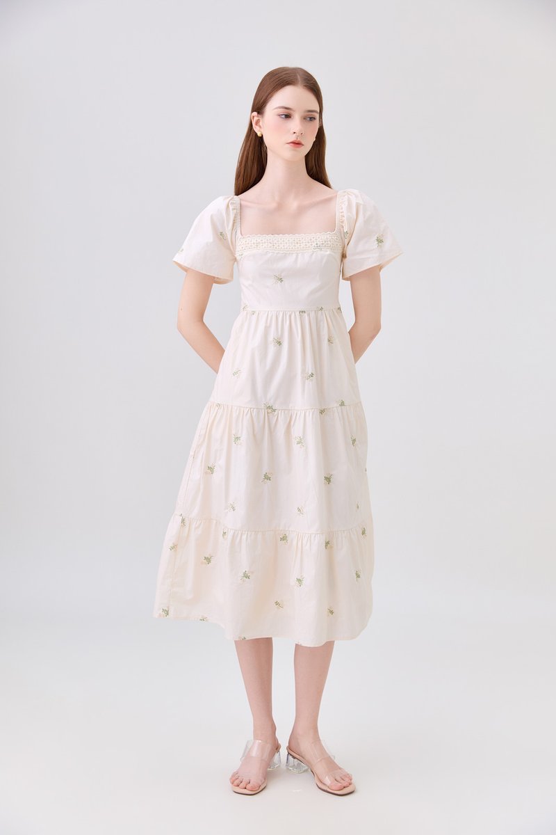 *ONLINE EXCLUSIVE* Elaina Embroidery Floral Crochet Midi Dress In Cream