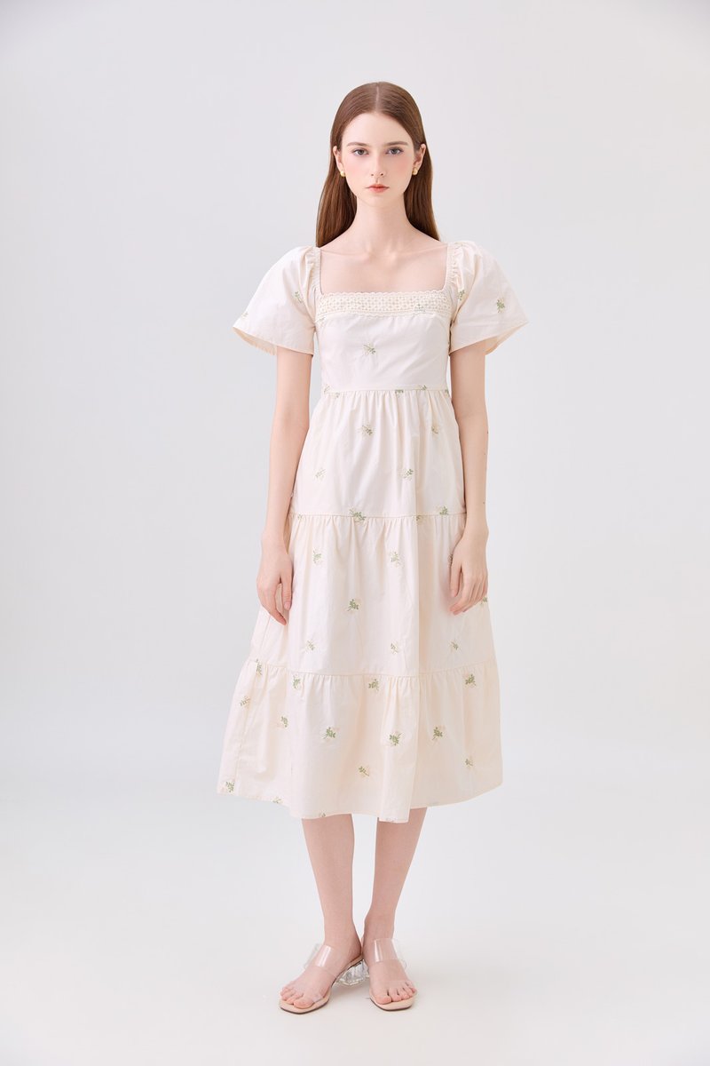*ONLINE EXCLUSIVE* Elaina Embroidery Floral Crochet Midi Dress In Cream