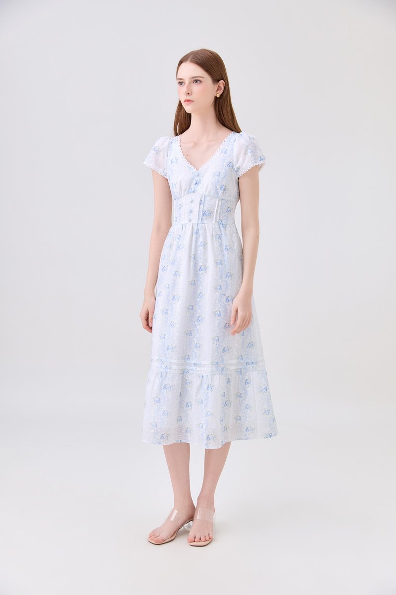 Florentine Floral Empire Waist Pintuck Midi Dress
