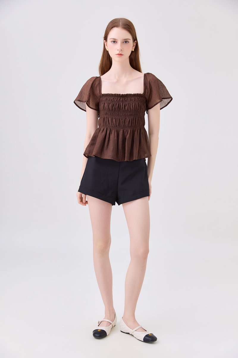 Calista Textured Smocked Top In Brown