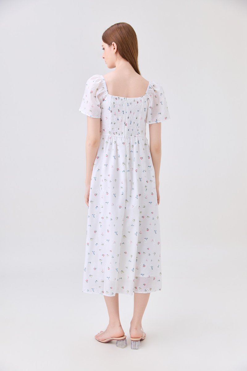 Delphine Floral Eyelet Midi Dress In White
