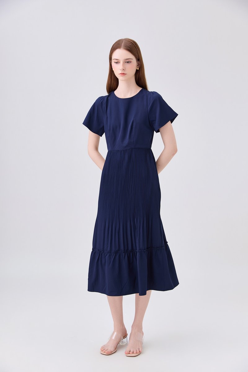 Teresa Pressed Pleat Midi Dress In Navy