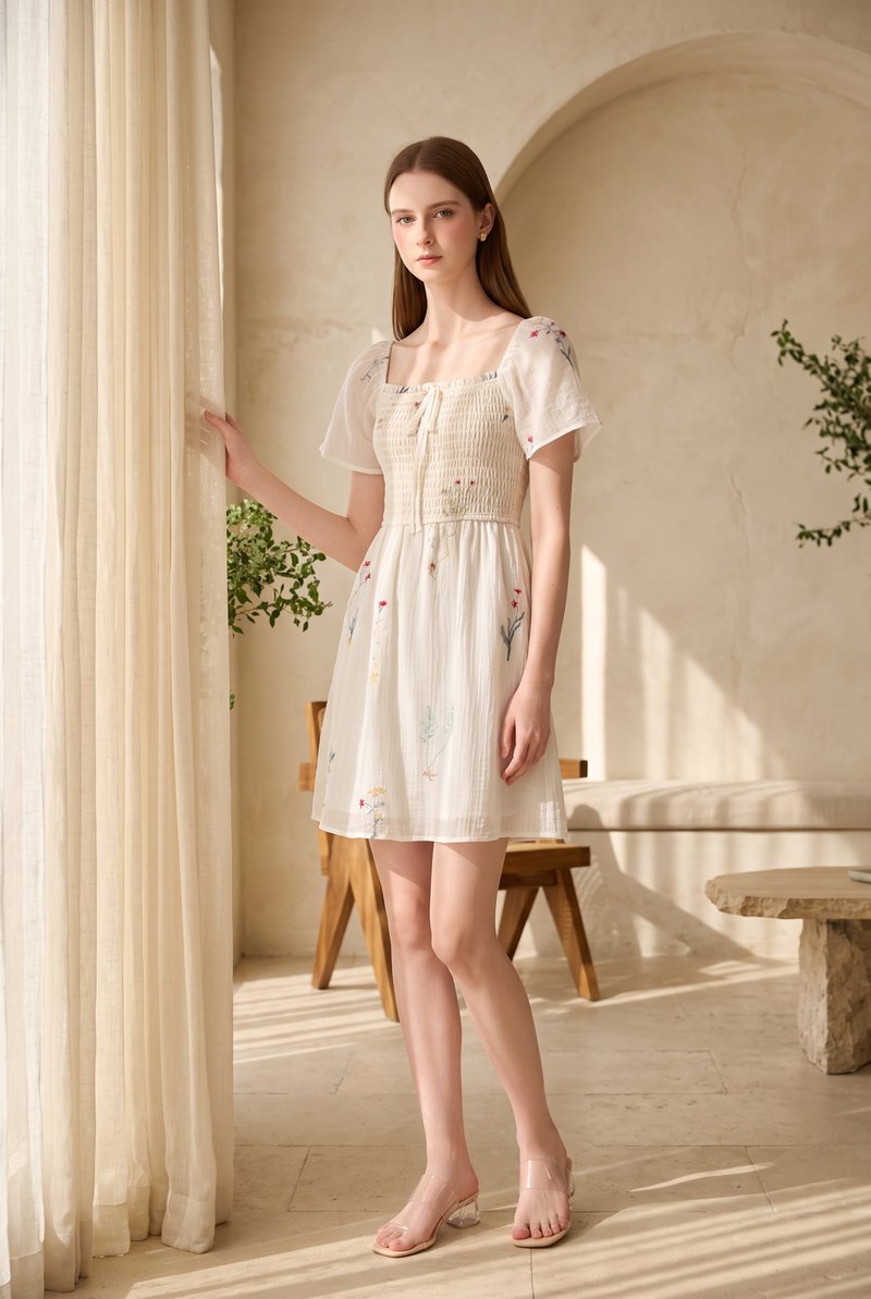 Fiora Embroidered Smocked Dress In Cream