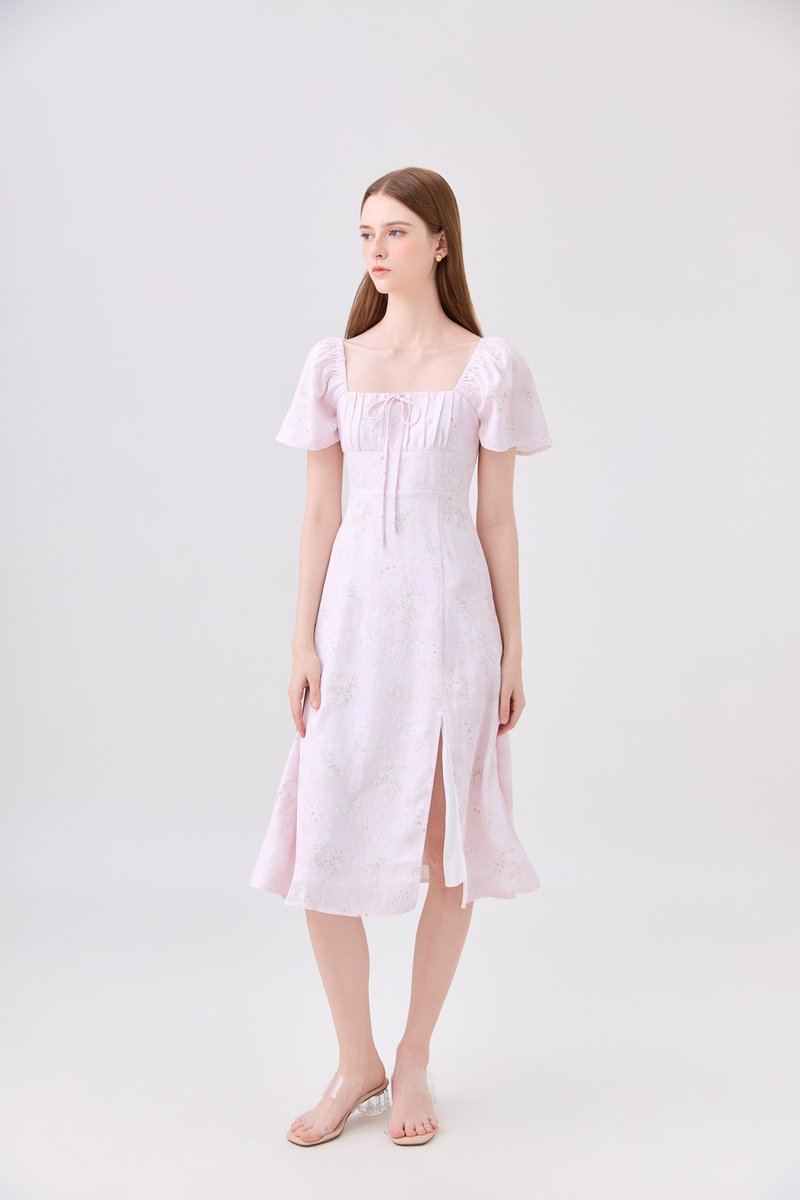 Soraya Ruched Floral Midi Dress In Pink