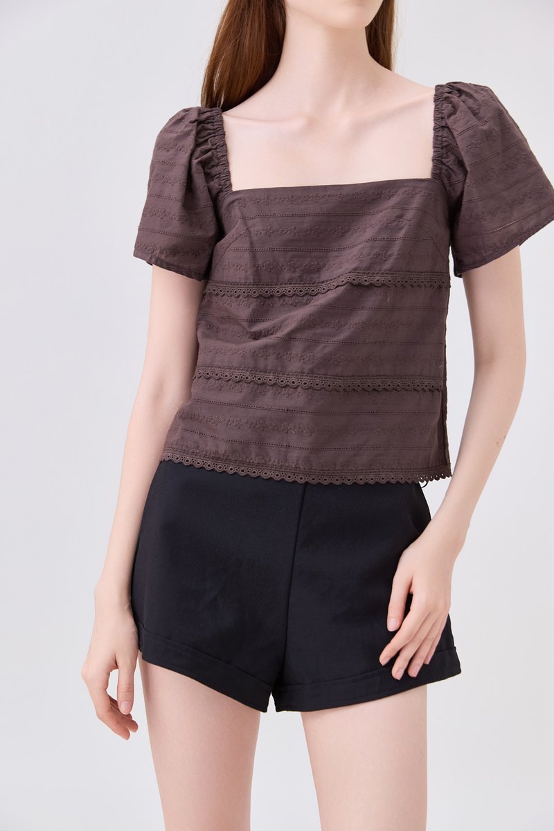 Olivara Embroidery Crochet Top In Espresso
