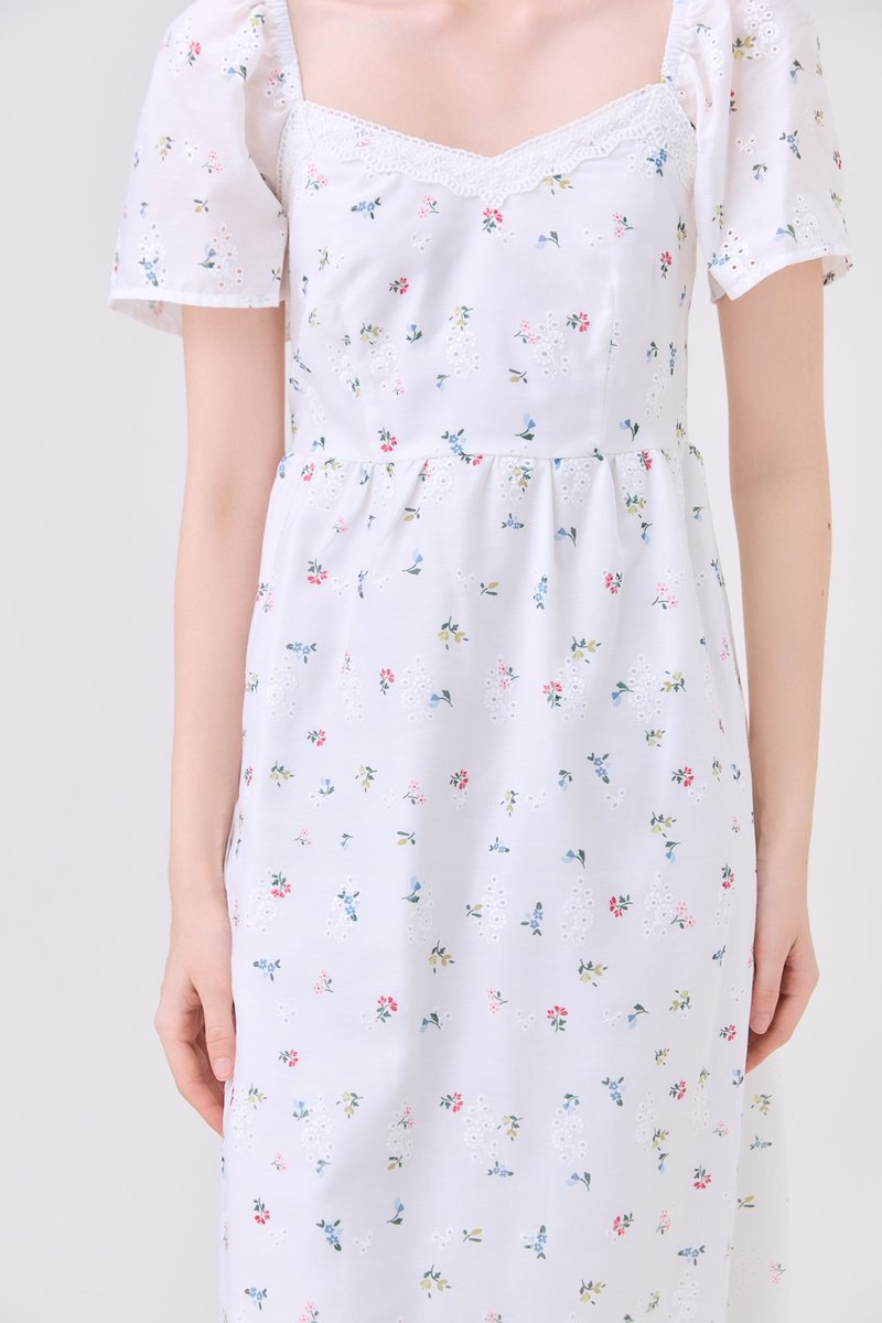 Delphine Floral Eyelet Midi Dress In White