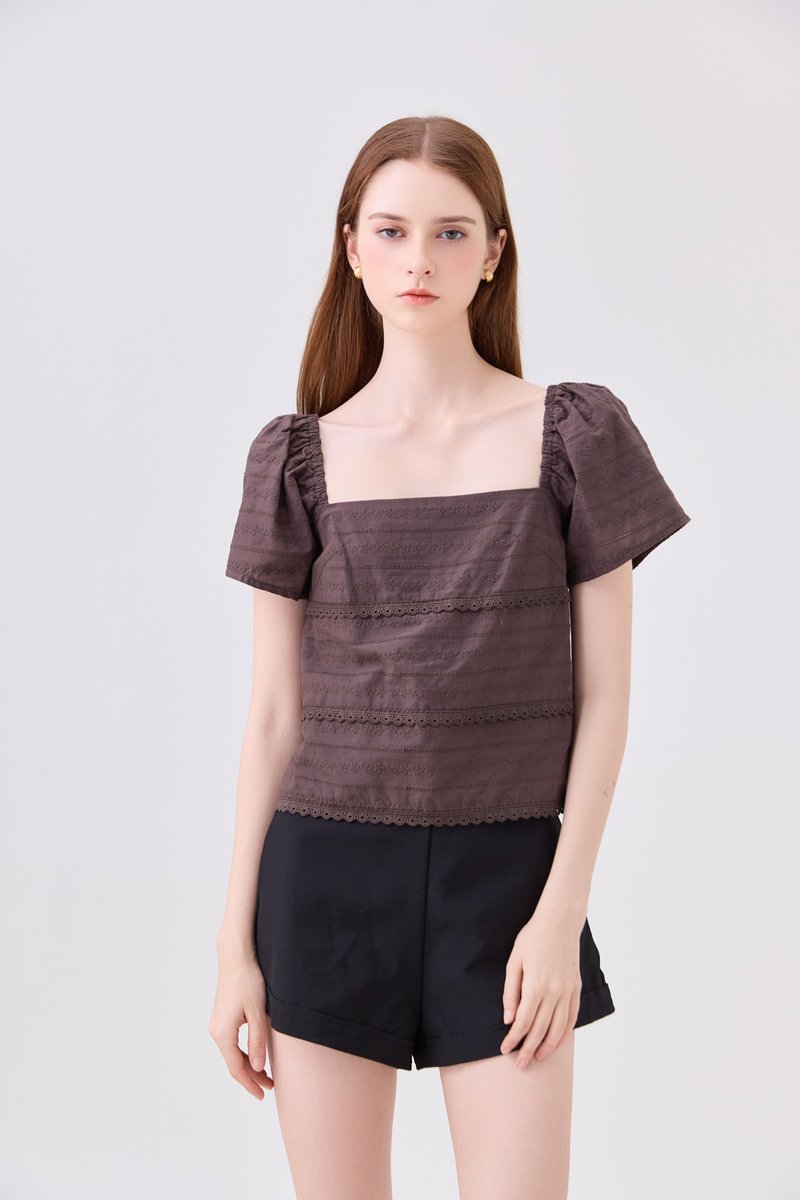 Olivara Embroidery Crochet Top In Espresso