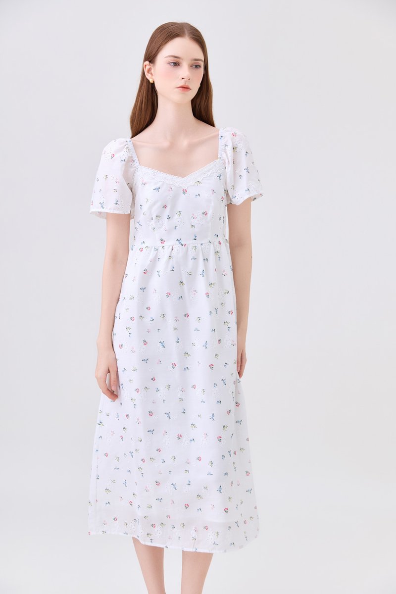Delphine Floral Eyelet Midi Dress In White