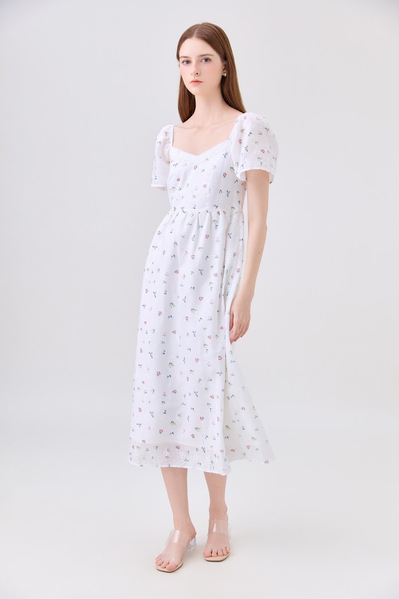 Delphine Floral Eyelet Midi Dress In White
