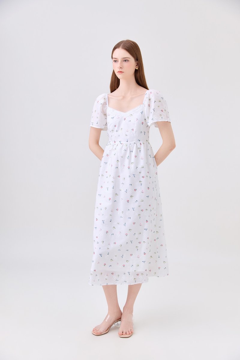 Delphine Floral Eyelet Midi Dress In White