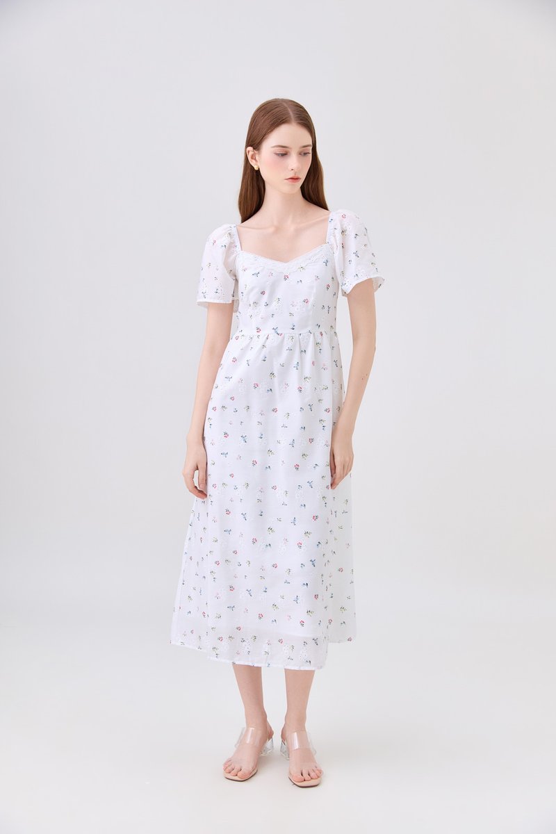 Delphine Floral Eyelet Midi Dress In White