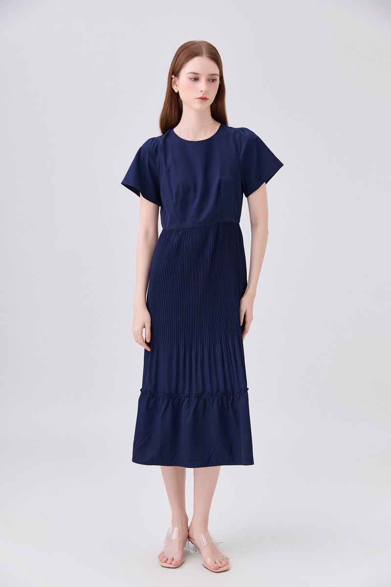 Teresa Pressed Pleat Midi Dress In Navy