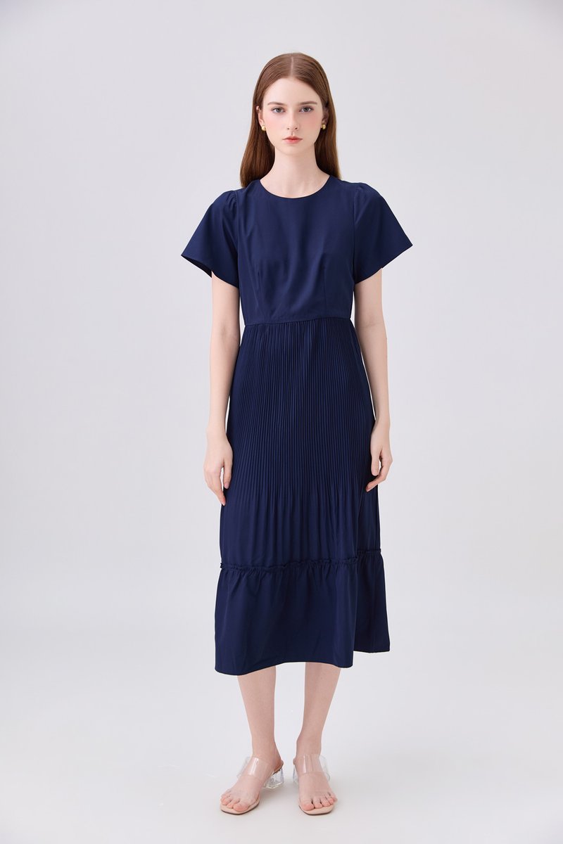 Teresa Pressed Pleat Midi Dress In Navy