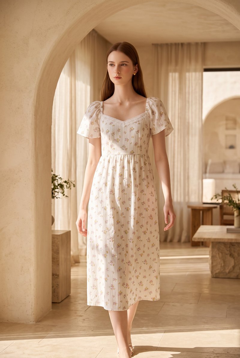 Delphine Floral Midi Dress In Cream