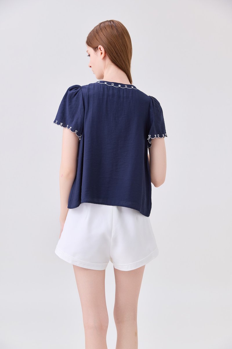Bailey Embroidered Pintuck Ribbon Top In Navy