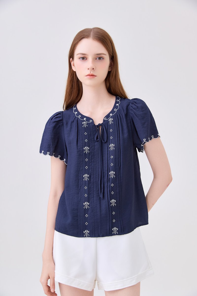 Bailey Embroidered Pintuck Ribbon Top In Navy