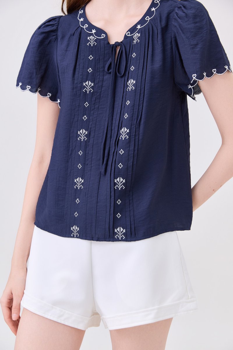 Bailey Embroidered Pintuck Ribbon Top In Navy