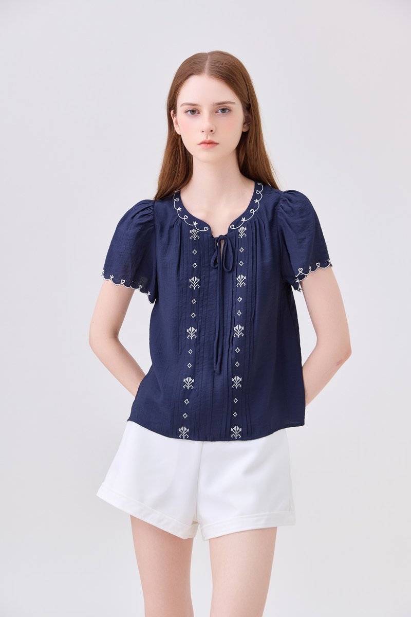 Bailey Embroidered Pintuck Ribbon Top In Navy
