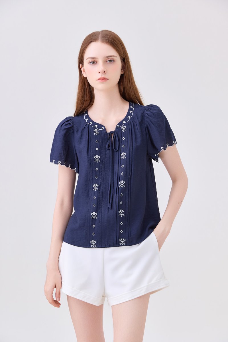 Bailey Embroidered Pintuck Ribbon Top In Navy