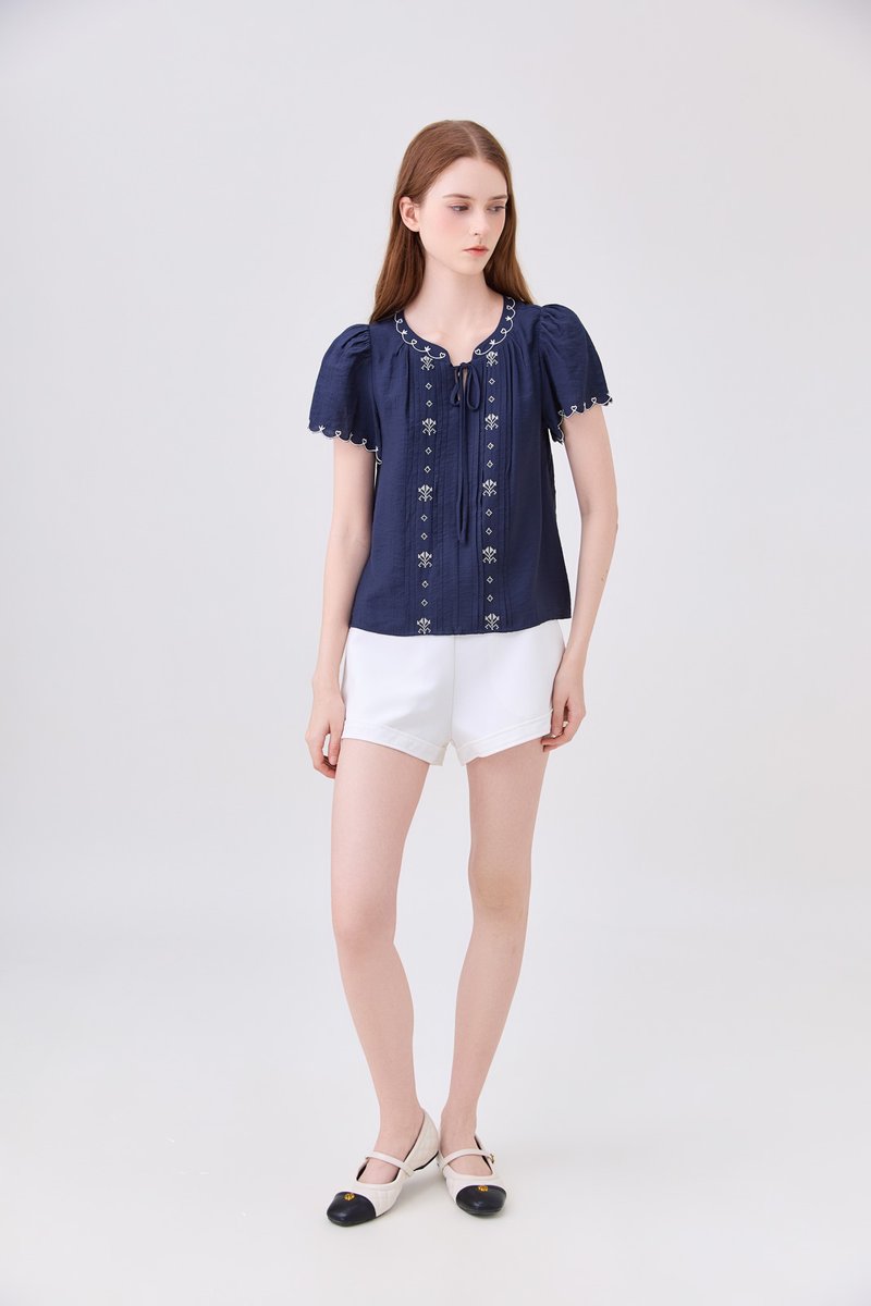 Bailey Embroidered Pintuck Ribbon Top In Navy